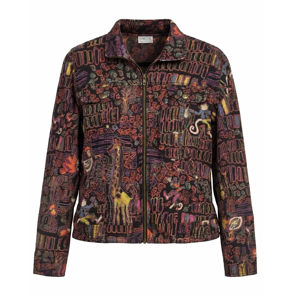 Vintage Chicos Psychedelic Monkey Graffiti Art Linen Jacket Distressed Zip Up 2